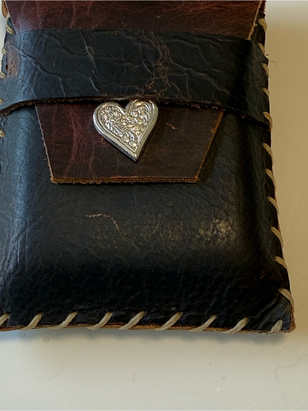 Cold Mountain Craft handmade, leather pouch rustic, whipstitched  w/ heart. - Picture 5 of 8